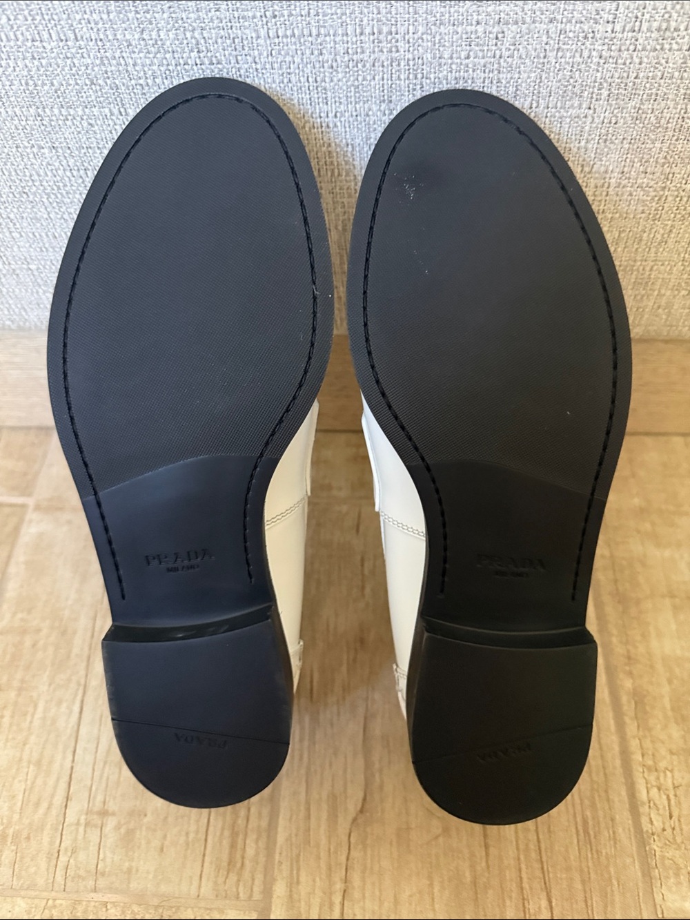 Prada White Leather Loafers with Gold Logo Plaque - Picture 4 of 4